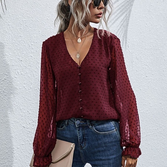 swiss dot v neck button chiffon long sleeve top - Picture 16 of 16